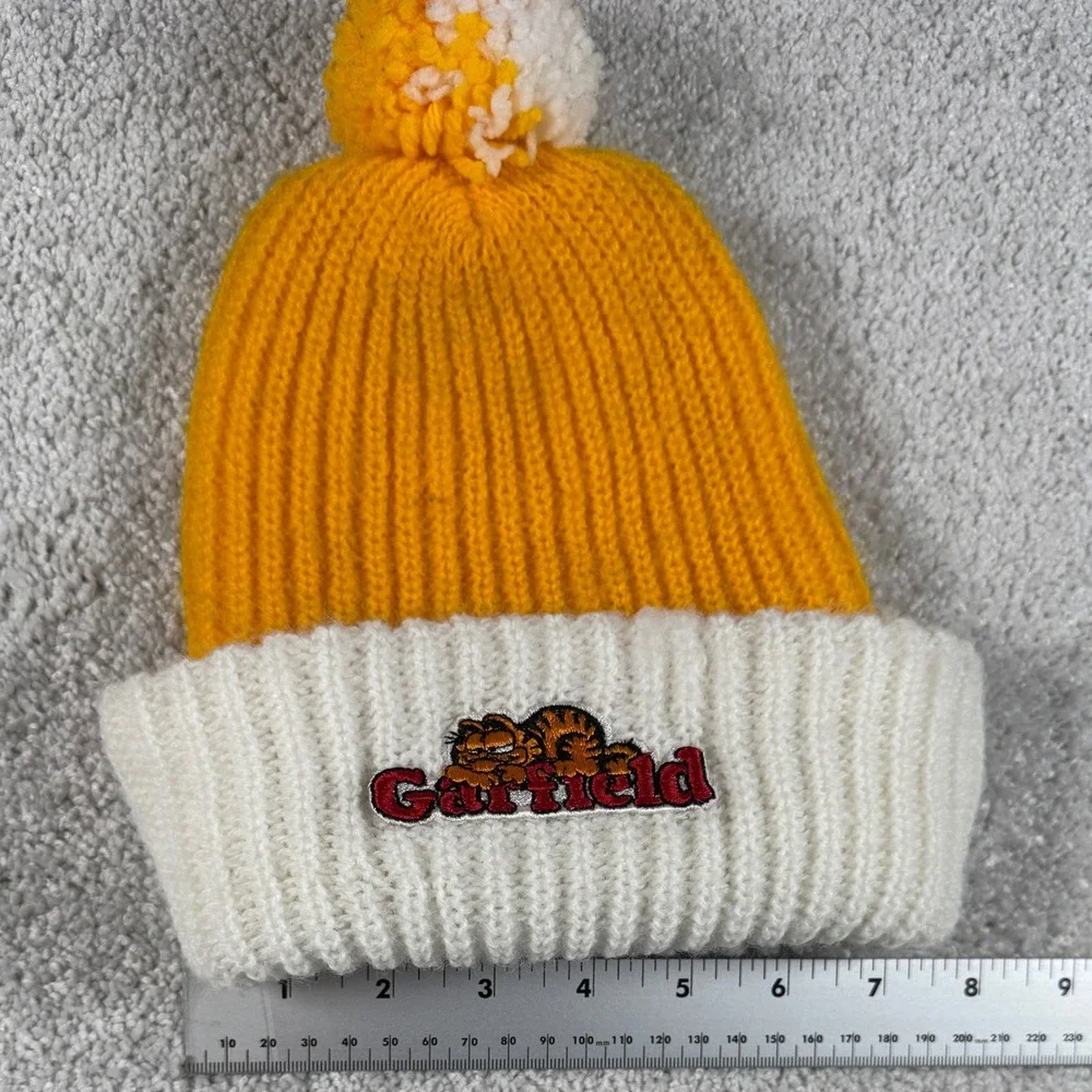 Garfield Cat Knit Beanie Kids Child OS Yellow White Vtg 80s Pom Pom Hat USA Made